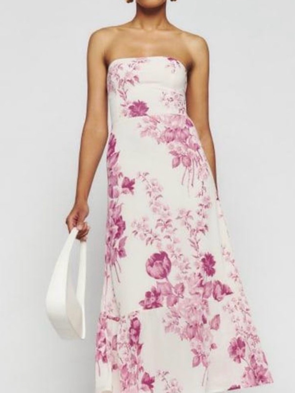 Reformation Arta Strapless White Midi Dress with Pink Floral Print